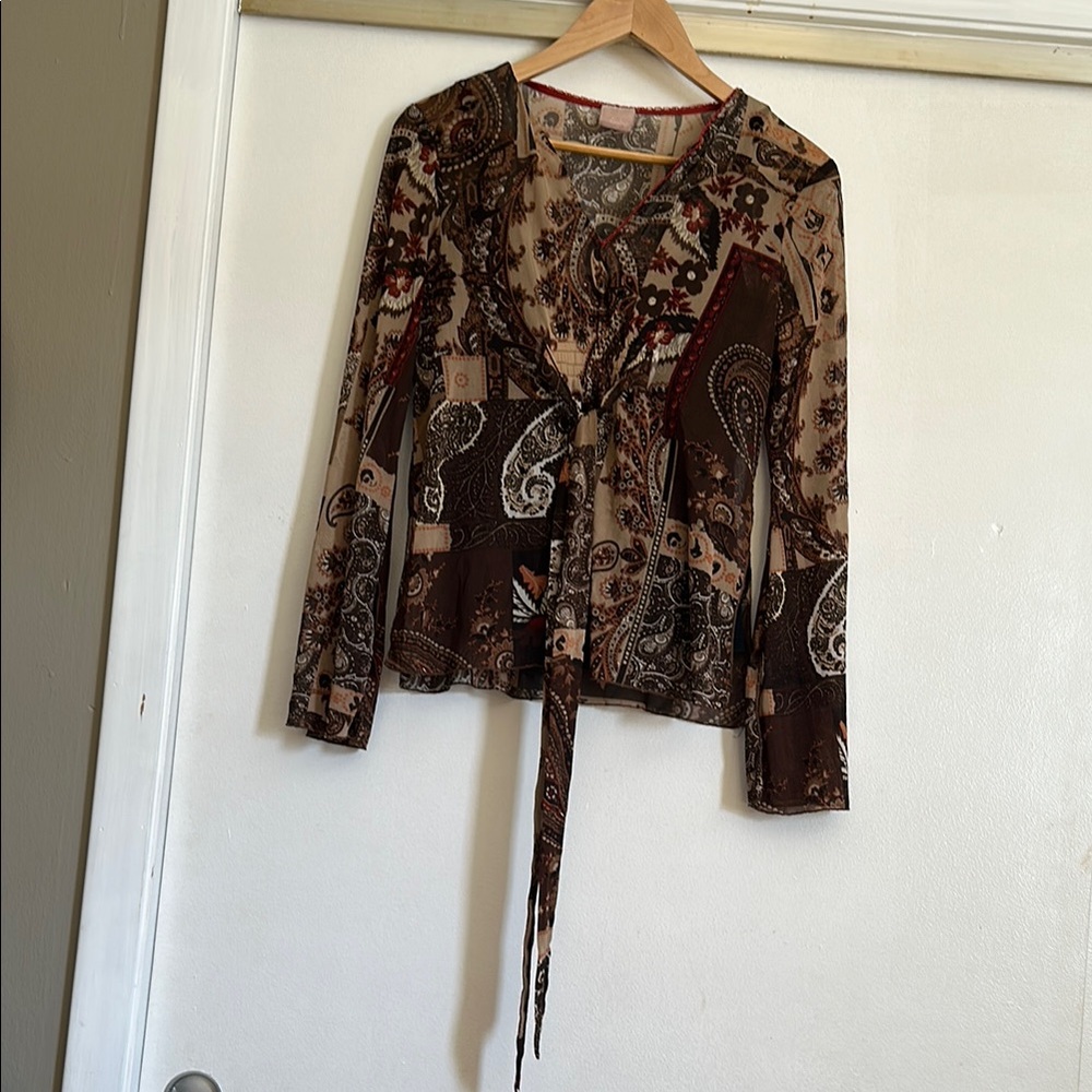 Brown and Tan Blouse with Tie Front 3/4 Sleeve